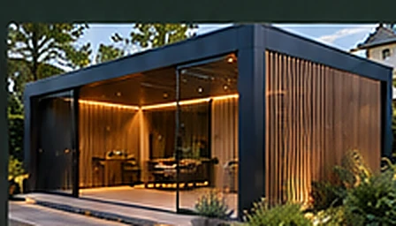 Cube veranda met houten lamellen en verlichting